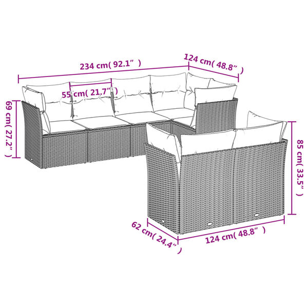 vidaXL 7 Piece Garden Sofa Set with Cushions Brown Poly Rattan