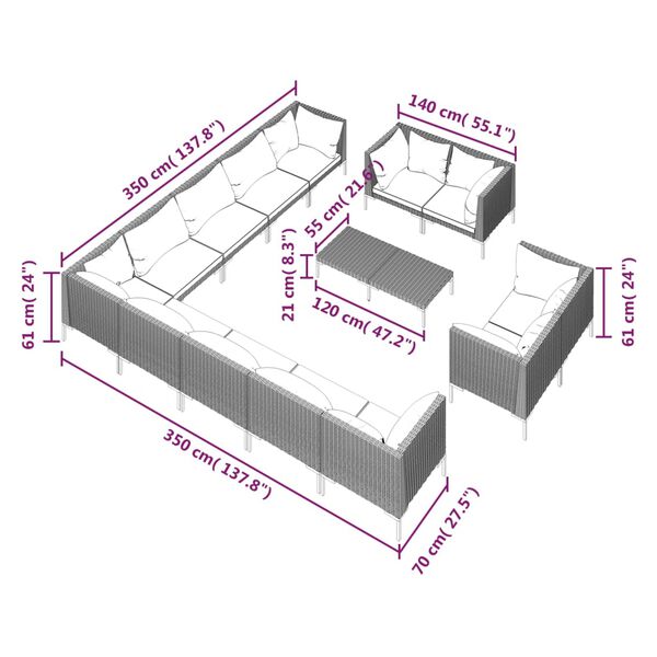 vidaXL 14 Piece Garden Lounge Set with Cushions Poly Rattan Dark Grey