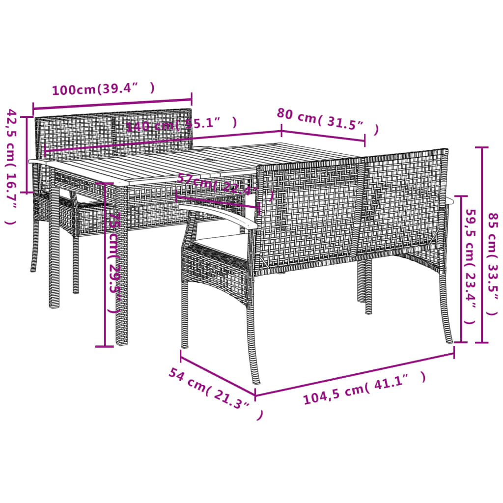 vidaXL 3 Piece Garden Dining Set with Cushions Black Poly Rattan