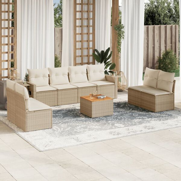 vidaXL 9 Piece Garden Sofa Set with Cushions Beige Poly Rattan