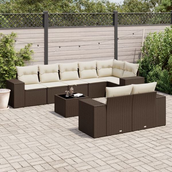 vidaXL 9 Piece Garden Sofa Set with Cushions Brown Poly Rattan