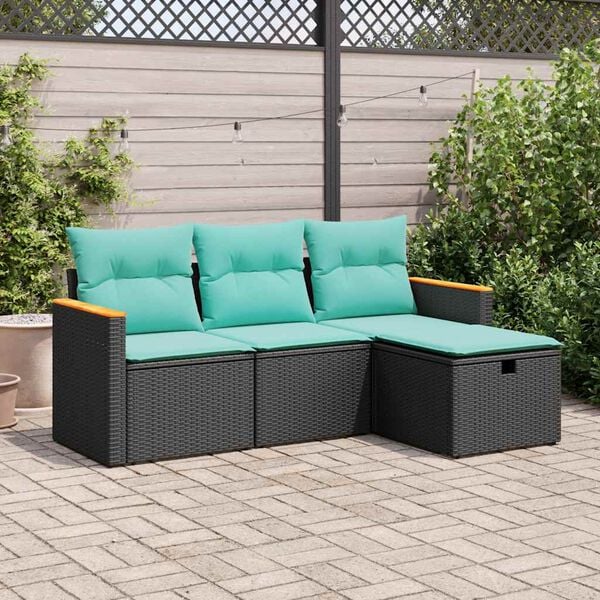 vidaXL 4 Piece Garden Sofa Set with Cushions Black Poly Rattan