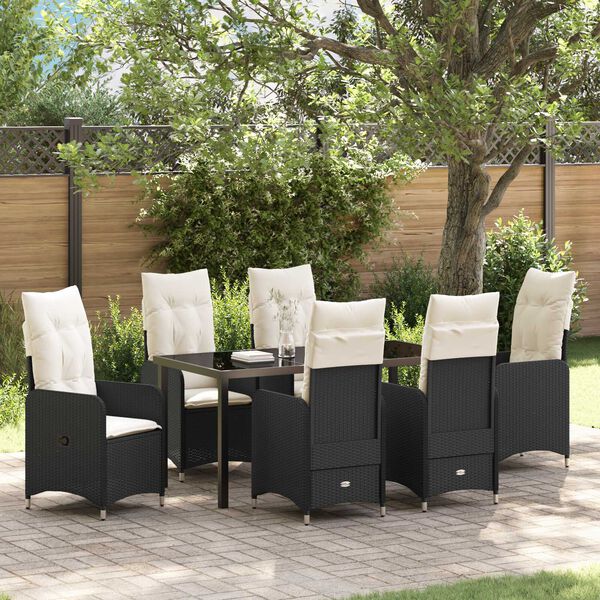 vidaXL Garden Dining Set with Cushion 7 pcs Black Poly Rattan