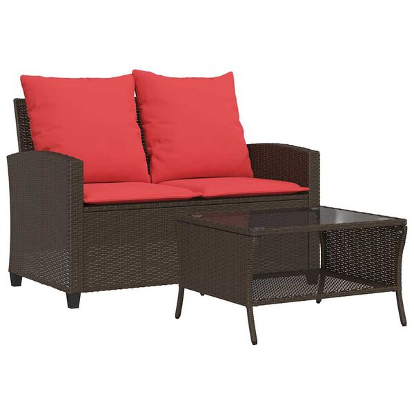 vidaXL Garden Sofa 2-Seater with Cushions&Table Brown Poly Rattan