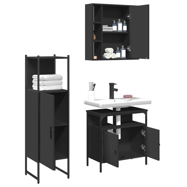 vidaXL 3 Piece Bathroom Cabinet Set Black Engineered Wood
