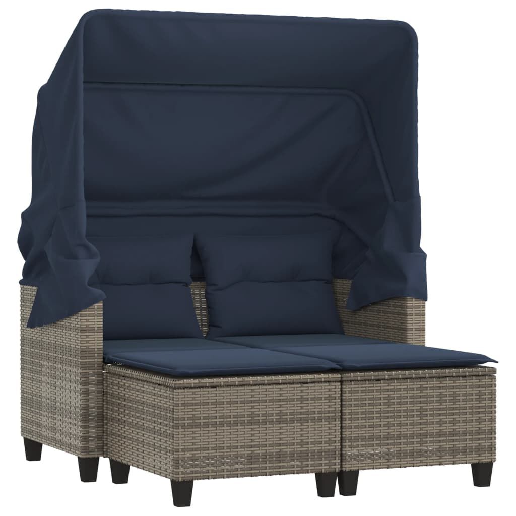 vidaXL Garden Sofa 2-Seater with Canopy and Stools Grey Poly Rattan