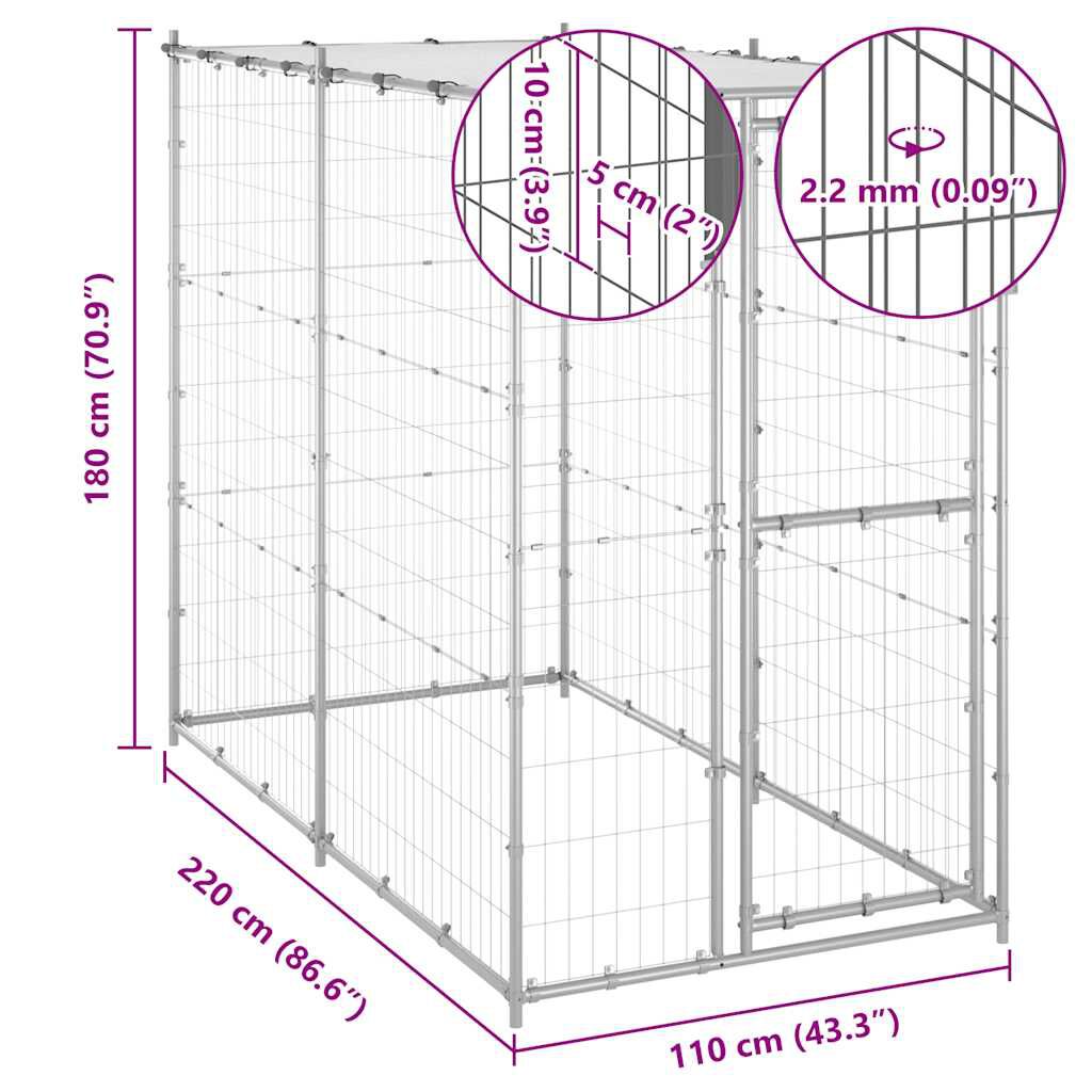 vidaXL Outdoor Dog Kennel Galvanised Steel with Roof 110x220x180 cm
