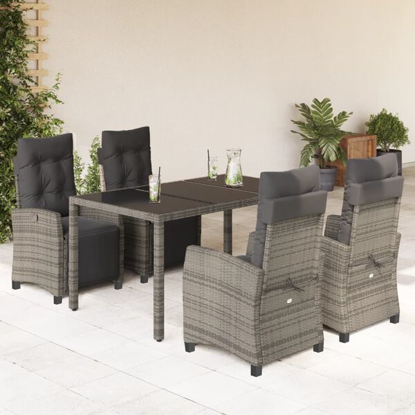 vidaXL 5 Piece Garden Dining Set with Cushions Grey Poly Rattan