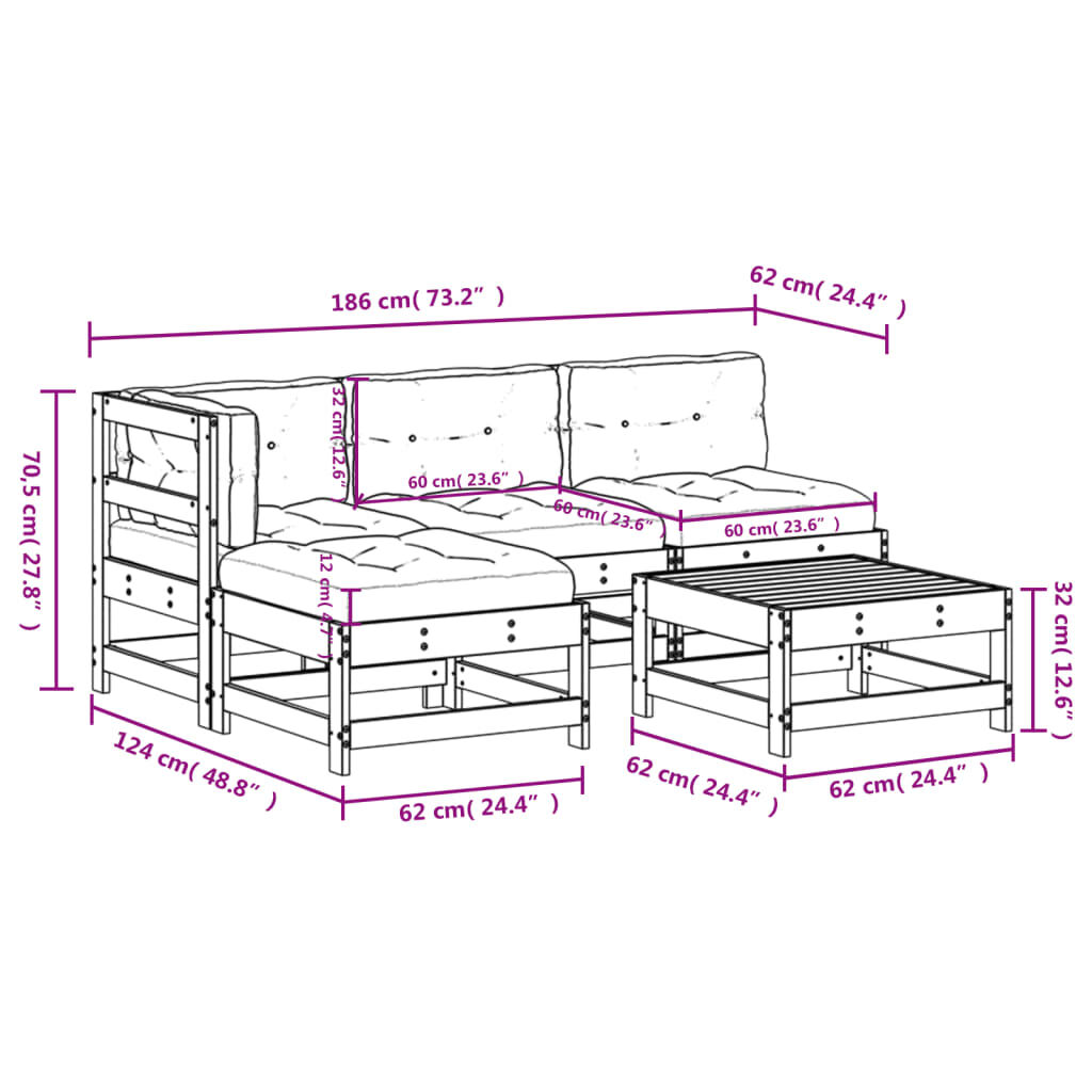 vidaXL 5 Piece Garden Lounge Set with Cushions Solid Wood