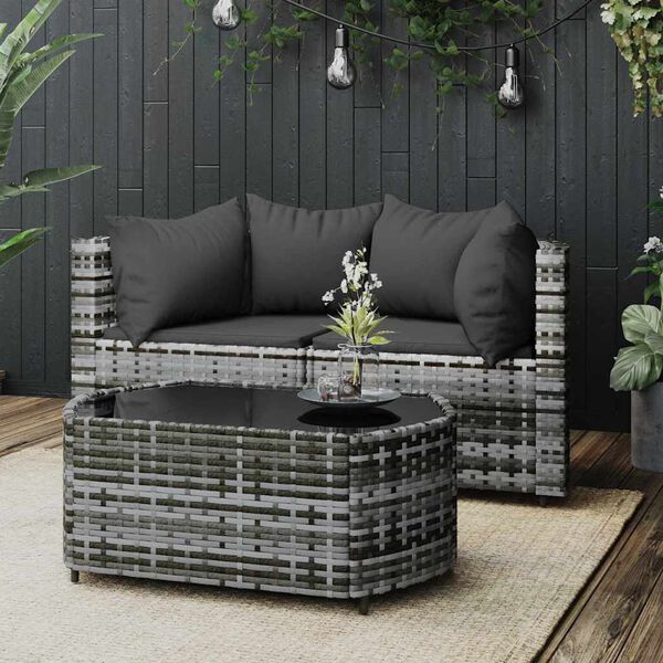 vidaXL 3 Piece Garden Lounge Set with Cushions Grey Poly Rattan