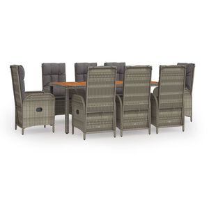 vidaXL 9 Piece Garden Dining Set with Cushions Grey Poly Rattan