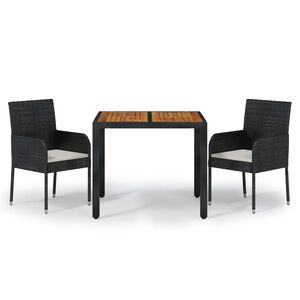 vidaXL 3 Piece Garden Dining Set with Cushions Black Poly Rattan