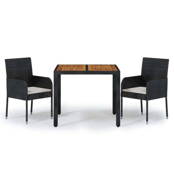 vidaXL 3 Piece Garden Dining Set with Cushions Black Poly Rattan