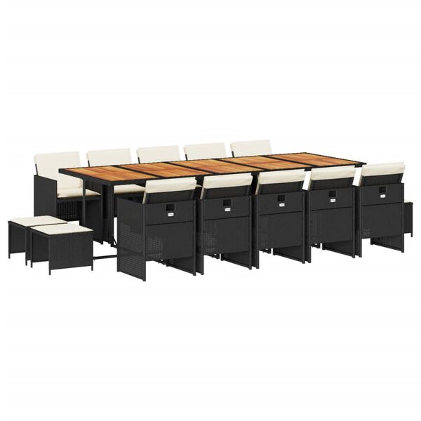 vidaXL 15 Piece Garden Dining Set with Cushions Black Poly Rattan