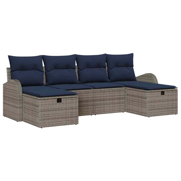 vidaXL Sofa Set with Cushion Manual 6 pcs Grey and Navy Poly Rattan