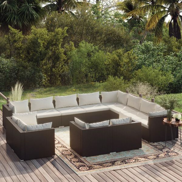 vidaXL 12 Piece Garden Lounge Set with Cushions Black Poly Rattan