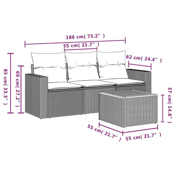 vidaXL 4 Piece Garden Sofa Set with Cushions Grey Poly Rattan