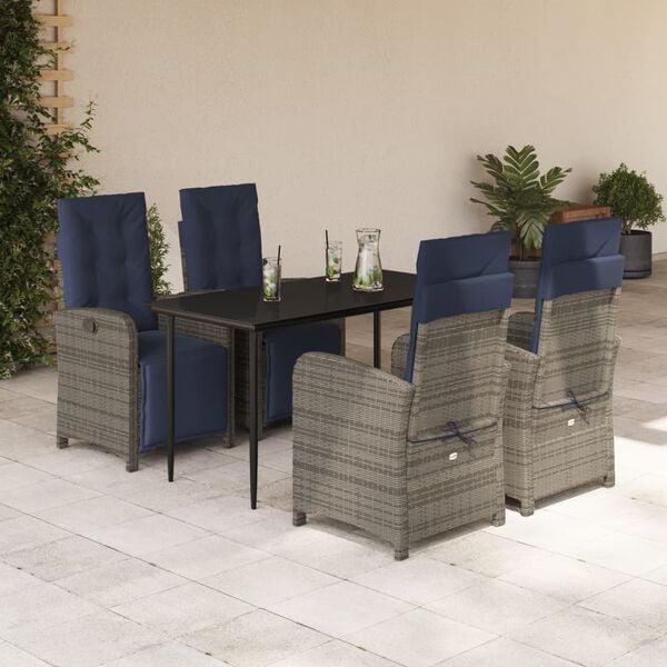 vidaXL 5 Piece Garden Dining Set with Cushions Grey Poly Rattan