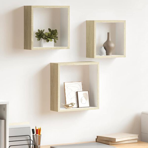 vidaXL Wall Cube Shelves 3 pcs White and Sonoma Oak