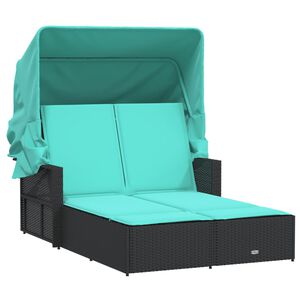 vidaXL Double Sun Lounger with Canopy and Cushions Black Poly Rattan