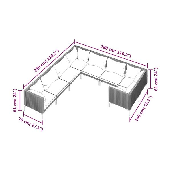 vidaXL 8 Piece Garden Lounge Set with Cushions Poly Rattan Dark Grey