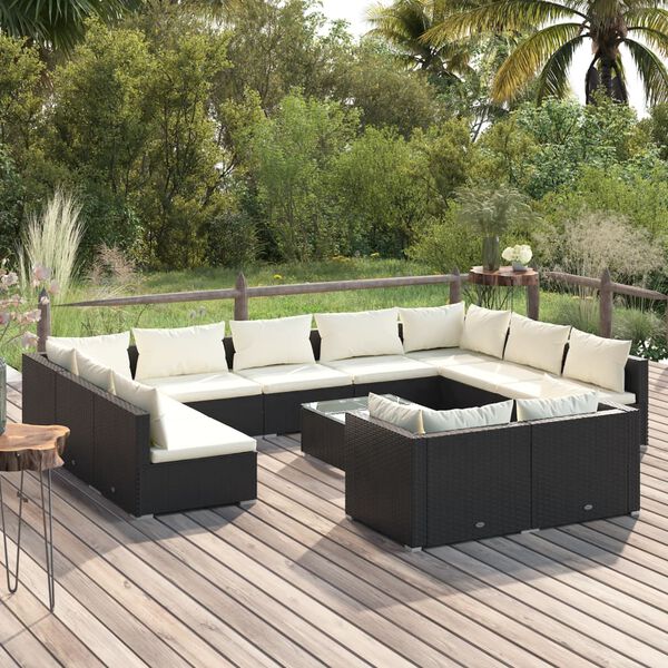 vidaXL 12 Piece Garden Lounge Set with Cushions Black Poly Rattan