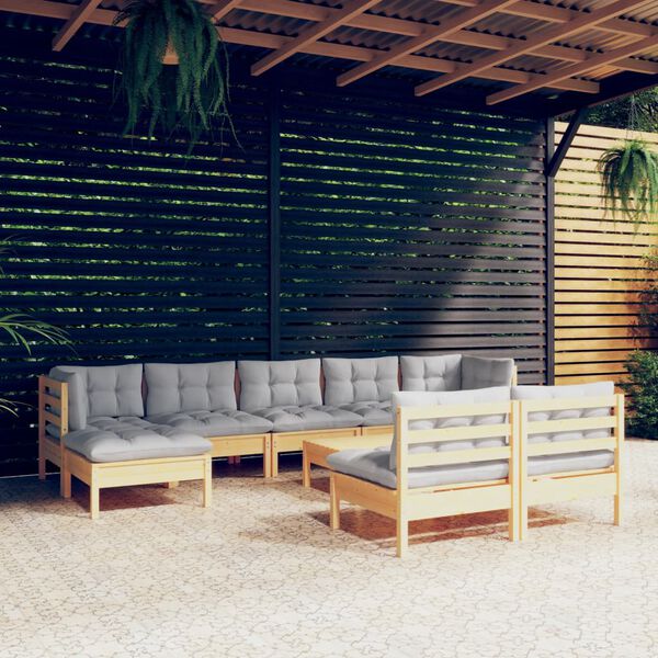 vidaXL 10 Piece Garden Lounge Set with Grey Cushions Pinewood