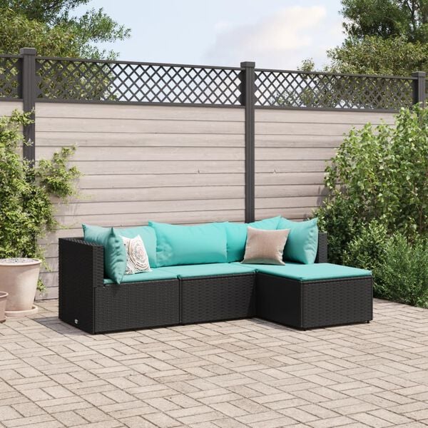 vidaXL 4 Piece Garden Lounge Set with Cushions Black Poly Rattan