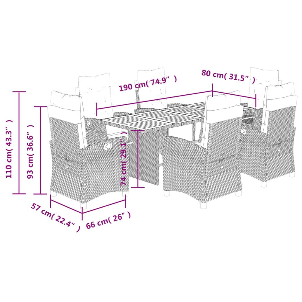 vidaXL 7 Piece Garden Dining Set with Cushions Grey Poly Rattan