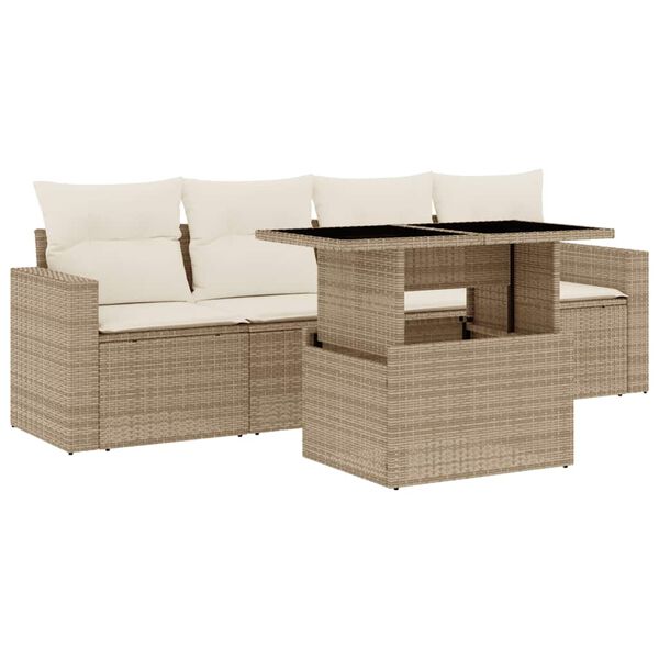 vidaXL 5 Piece Garden Sofa Set with Cushions Beige Poly Rattan