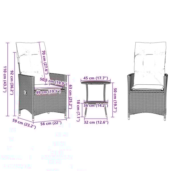 vidaXL 3 Piece Bistro Set with Cushions Black Poly Rattan