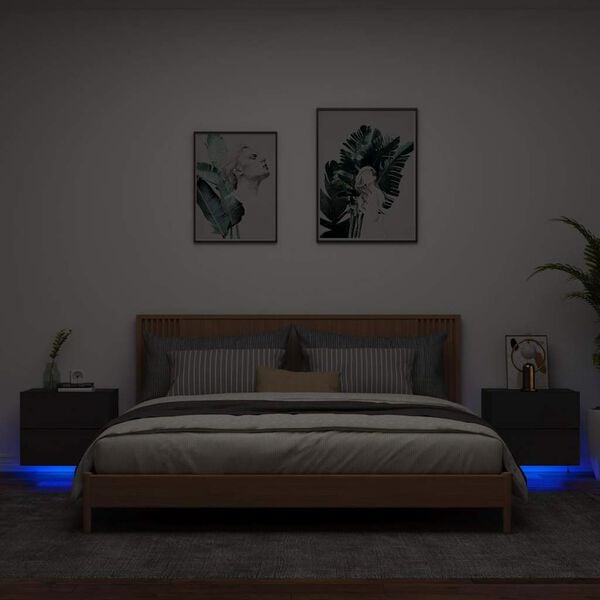 vidaXL Wall-mounted Bedside Cabinets with LED Lights 2 pcs Black