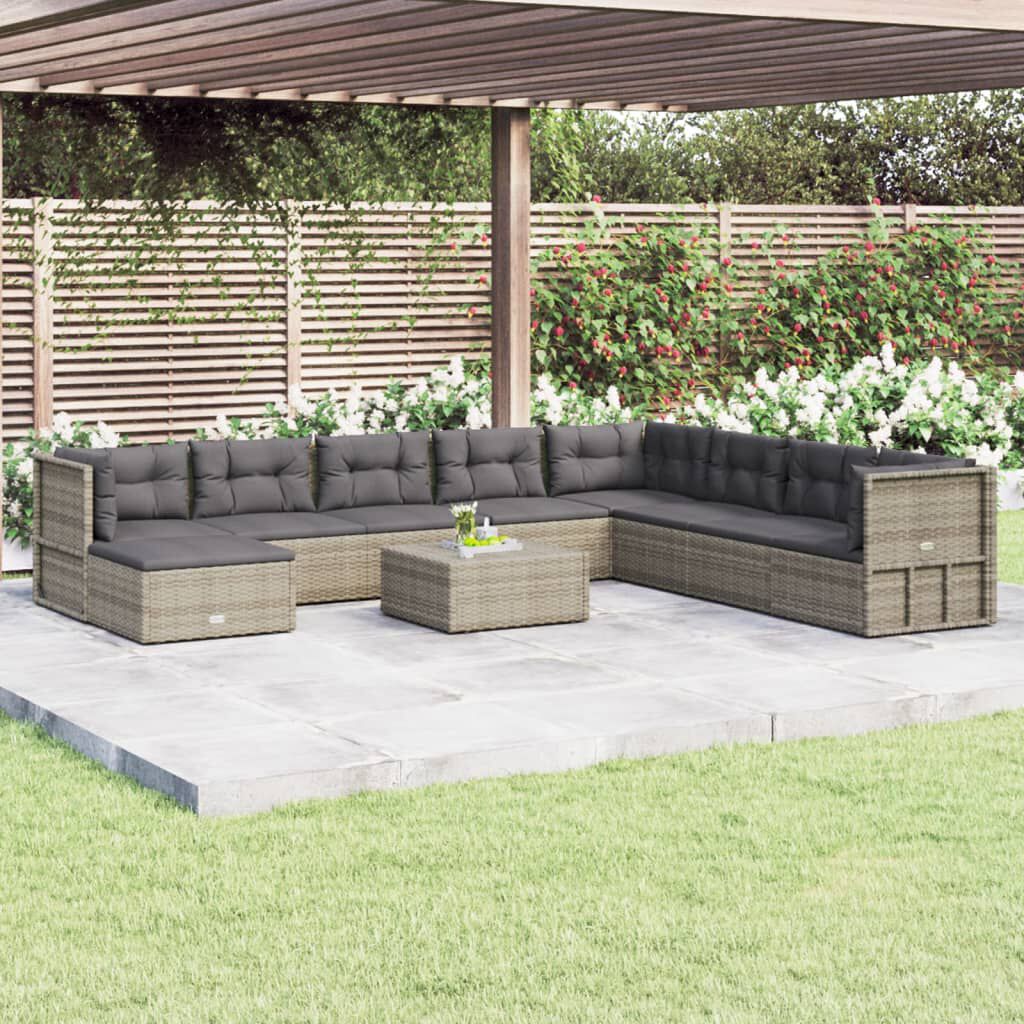 vidaXL 9 Piece Garden Lounge Set with Cushions Grey Poly Rattan
