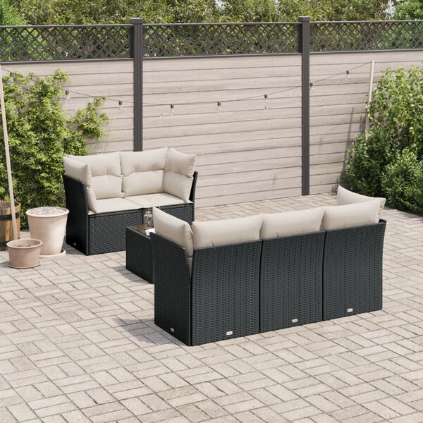 vidaXL 7 Piece Garden Sofa Set with Cushions Black Poly Rattan