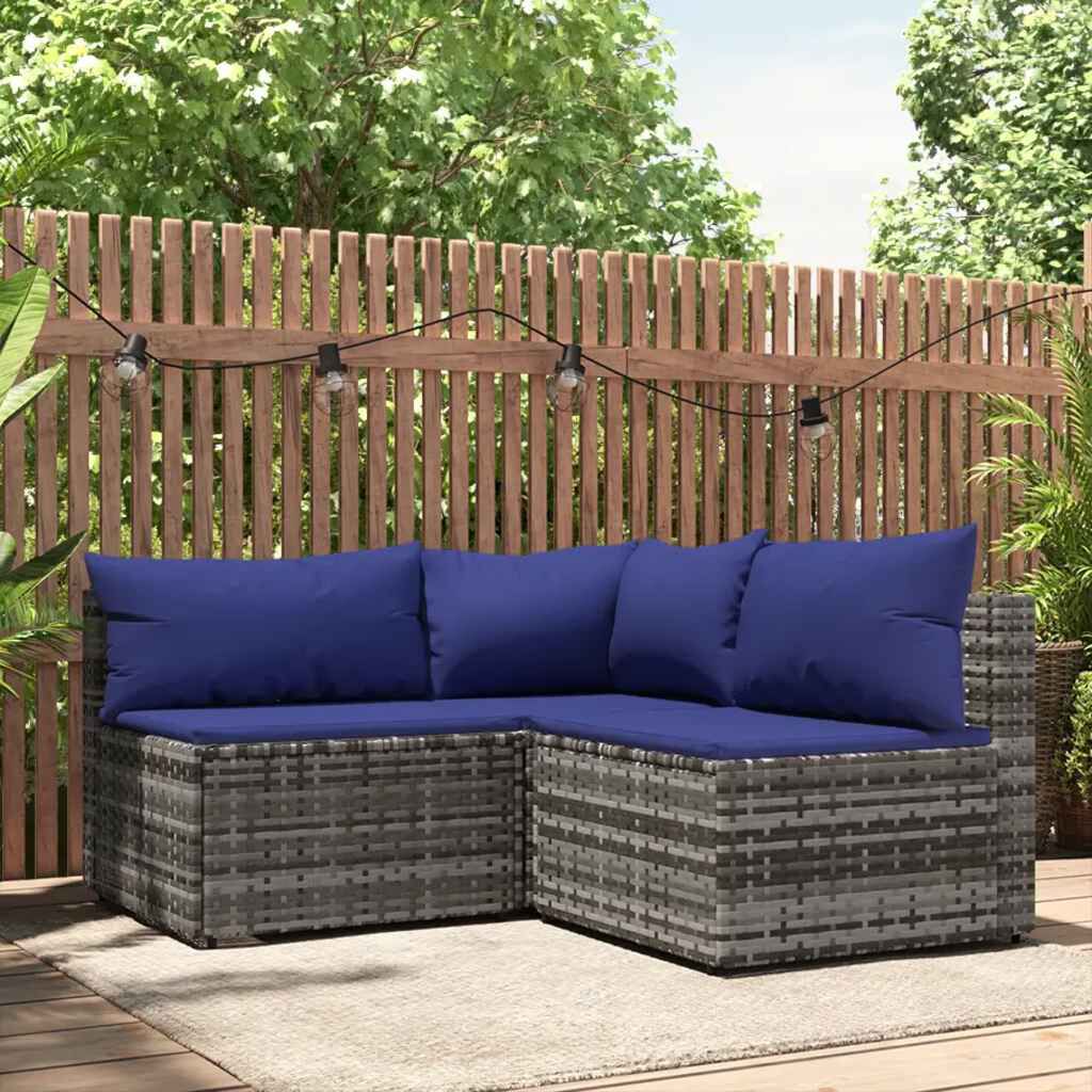 vidaXL 3 Piece Garden Lounge Set with Cushions Grey Poly Rattan