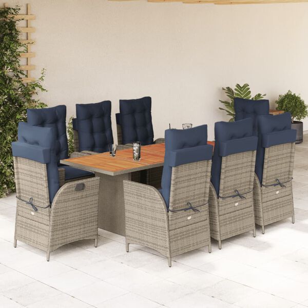 vidaXL 9 Piece Garden Dining Set with Cushions Grey Poly Rattan