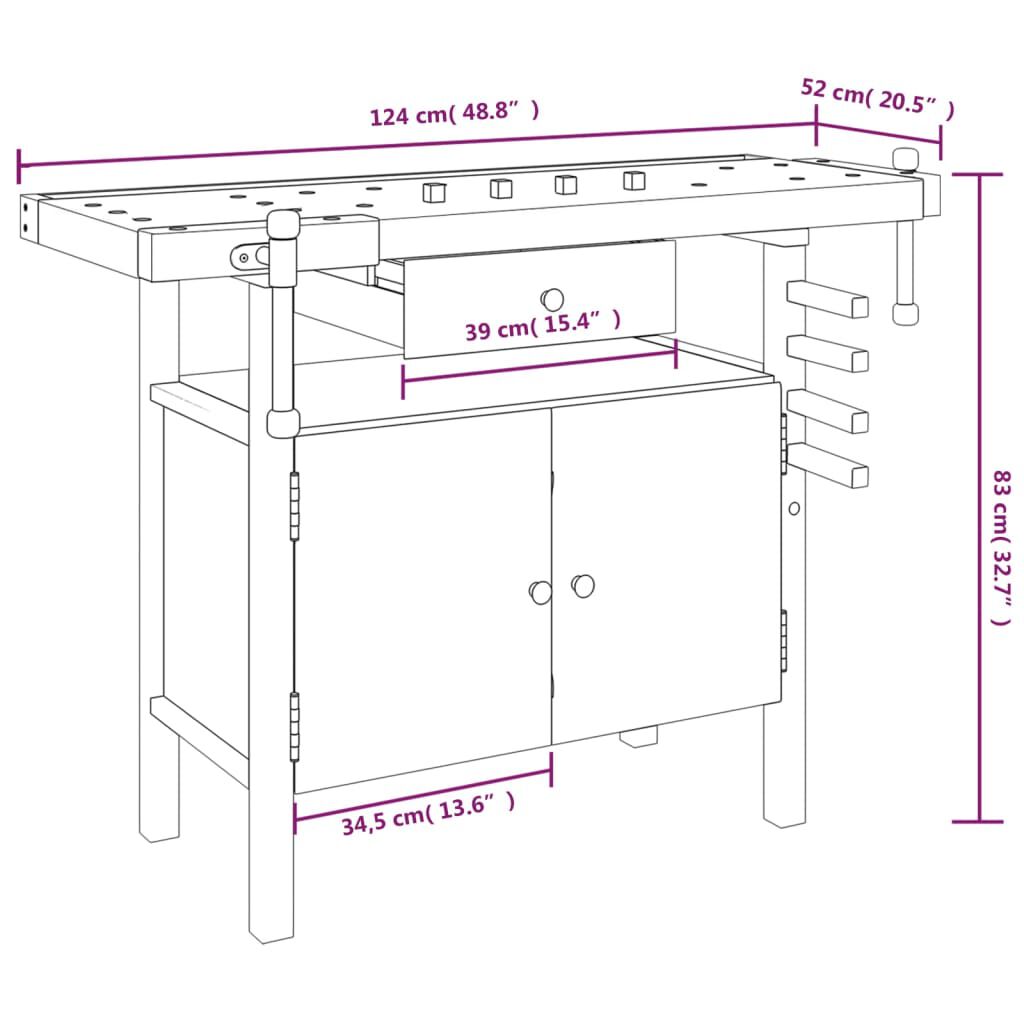 vidaXL Workbench with Drawer and Vices 124x52x83 cm Solid Wood Acacia