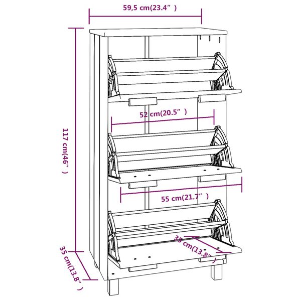 vidaXL Shoe Cabinet HAMAR White 59.5x35x117 cm Solid Wood Pine