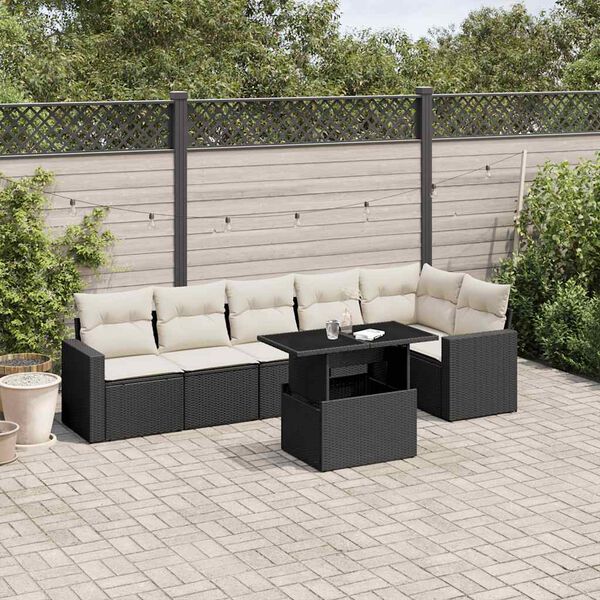 vidaXL 7 Piece Garden Sofa Set with Cushions Black Poly Rattan