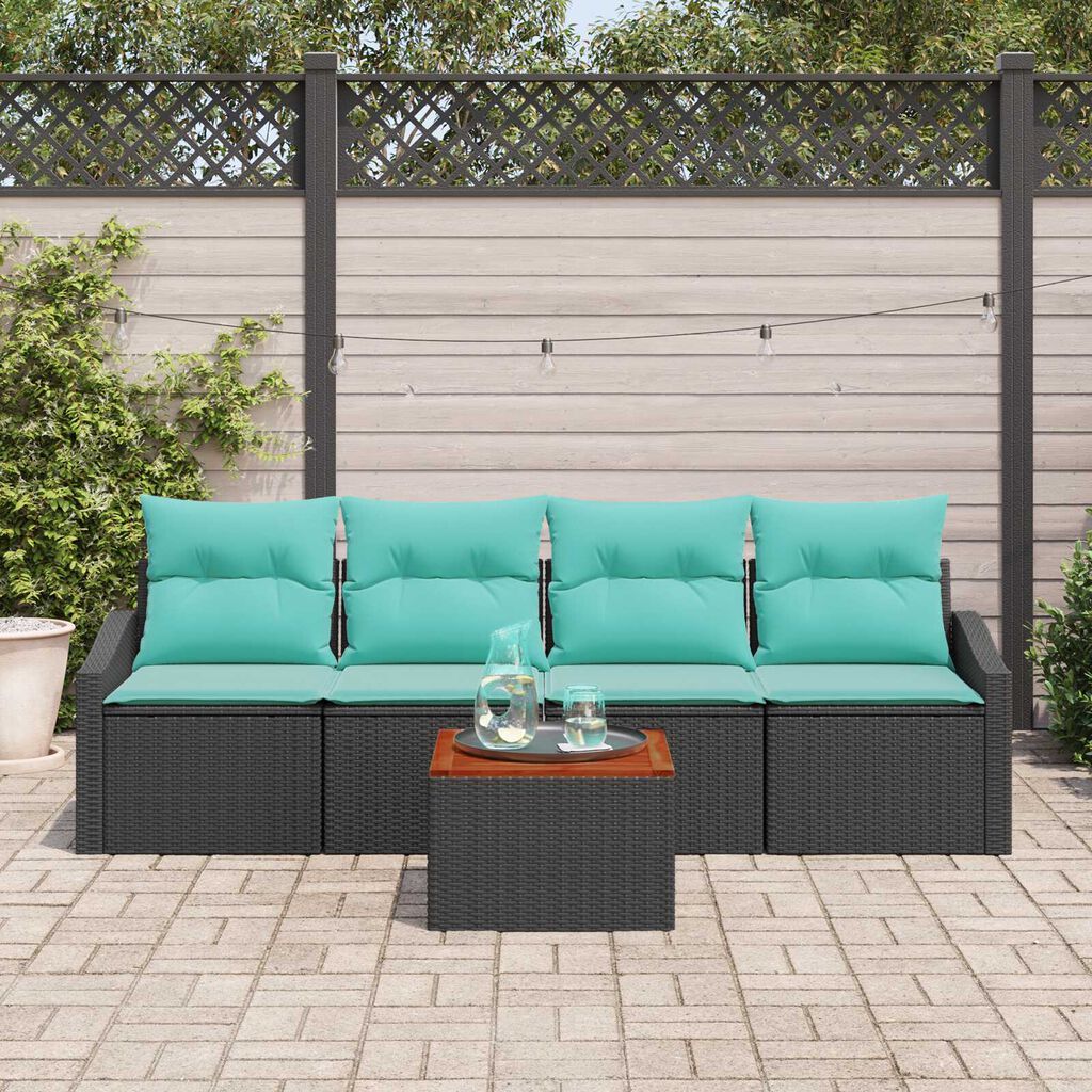vidaXL 5 Piece Garden Sofa Set with Cushions Black Poly Rattan Acacia