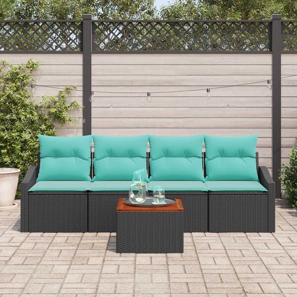 vidaXL 5 Piece Garden Sofa Set with Cushions Black Poly Rattan Acacia