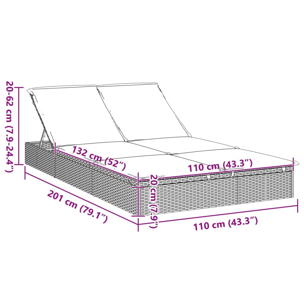 vidaXL 2-Person Sunbed with Cushions Grey Poly Rattan