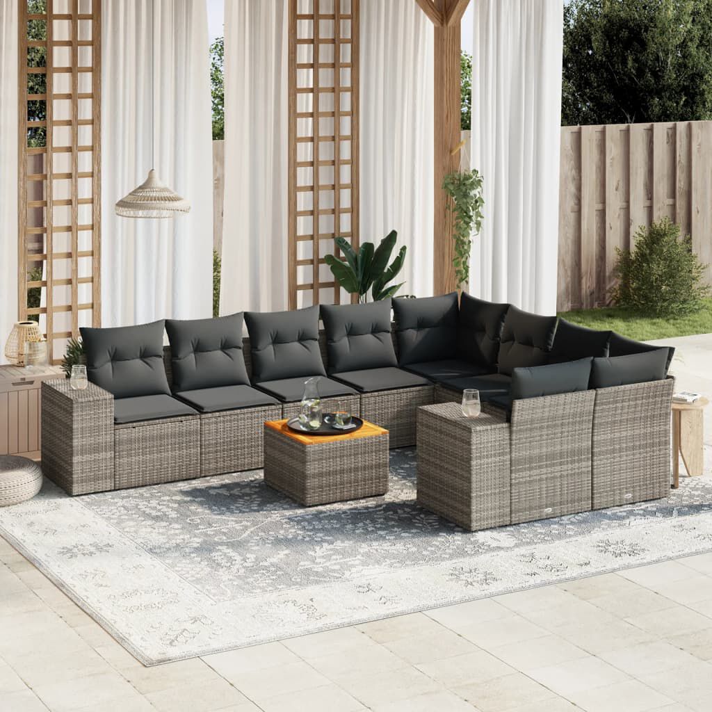 vidaXL 10 Piece Garden Sofa Set with Cushions Grey Poly Rattan