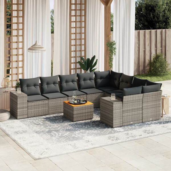 vidaXL 10 Piece Garden Sofa Set with Cushions Grey Poly Rattan