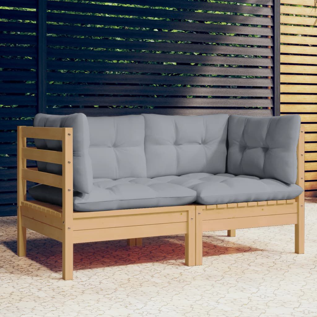 vidaXL 2-Seater Garden Sofa with Grey Cushions Solid Wood Pine