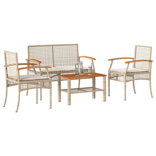 vidaXL 4 Piece Garden Lounge Set with Cushions Beige Poly Rattan