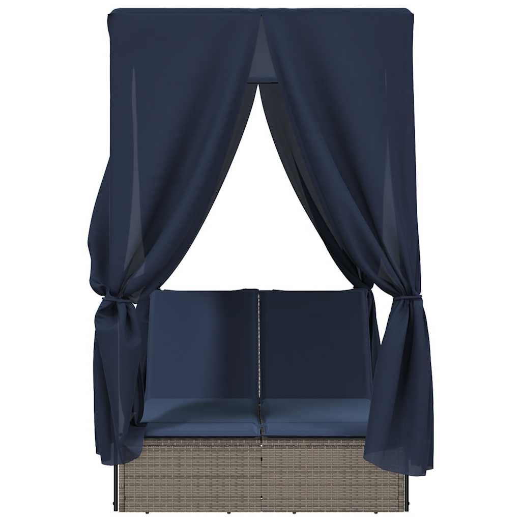 vidaXL Double Sun Lounger with Roof and Curtains Grey Poly Rattan