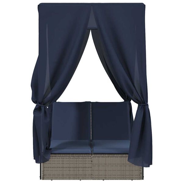 vidaXL Double Sun Lounger with Roof and Curtains Grey Poly Rattan