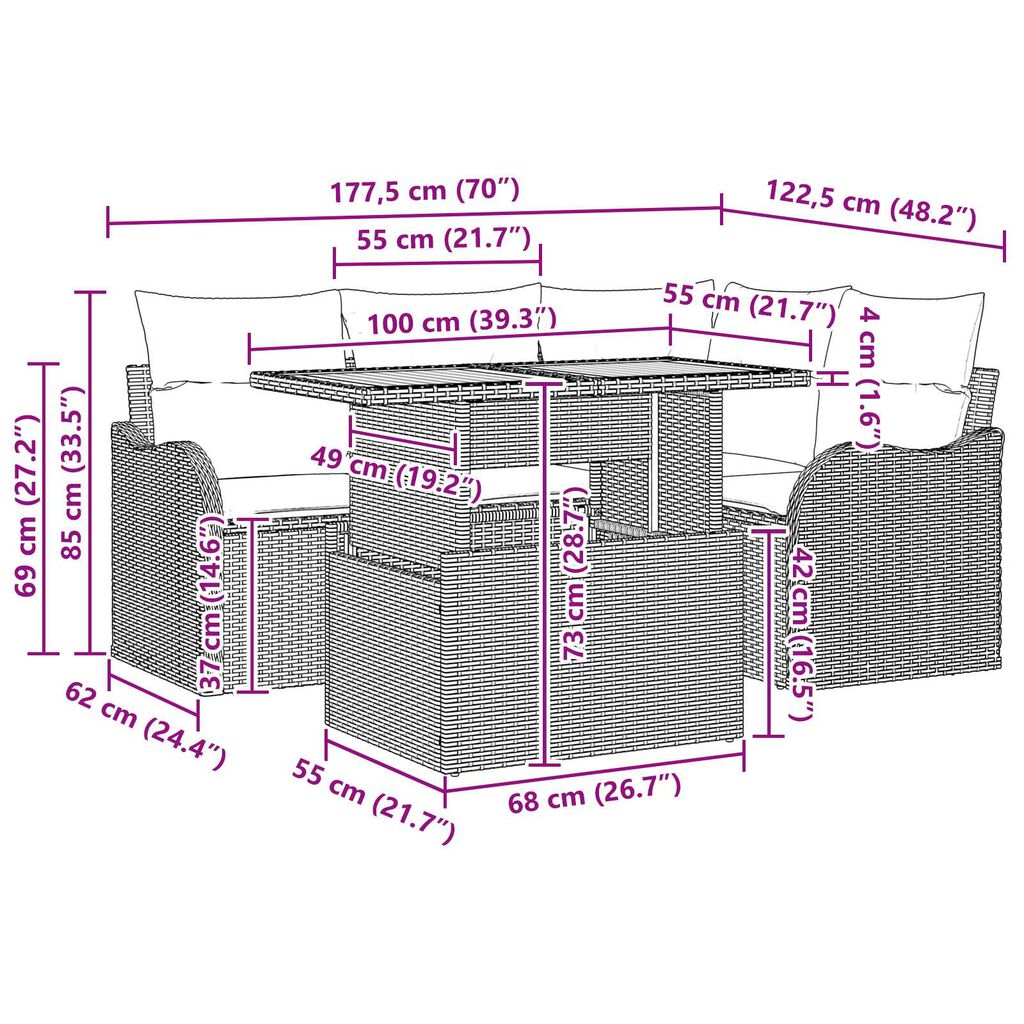 vidaXL 5 Piece Garden Sofa Set with Cushions Grey Poly Rattan Acacia