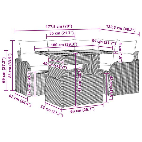 vidaXL 5 Piece Garden Sofa Set with Cushions Grey Poly Rattan Acacia
